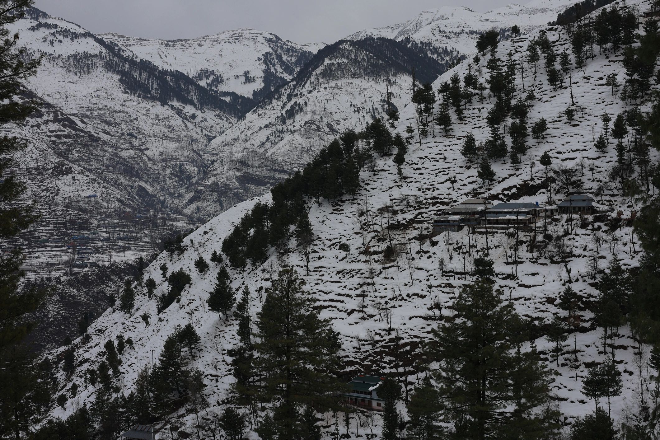 Snowy Kashmir mountain village view